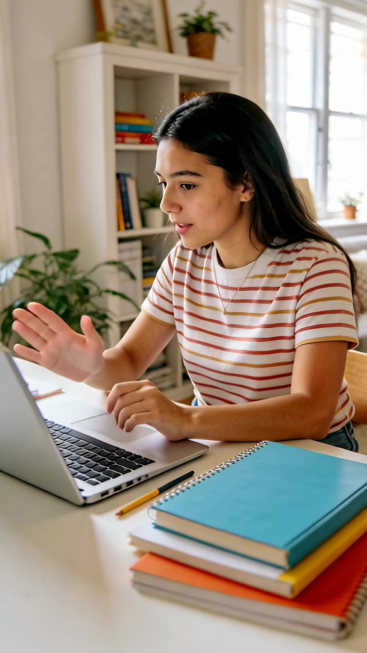 Video vertical: Adolescente con camiseta a rayas uniéndose a la lección, escribiendo y gesticulando en un estudio con notas en el portátil.