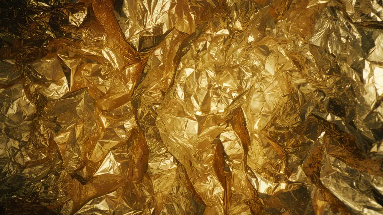 Focusing camera capturing crumpled golden metallic foil in extreme close-up, with reflective folds