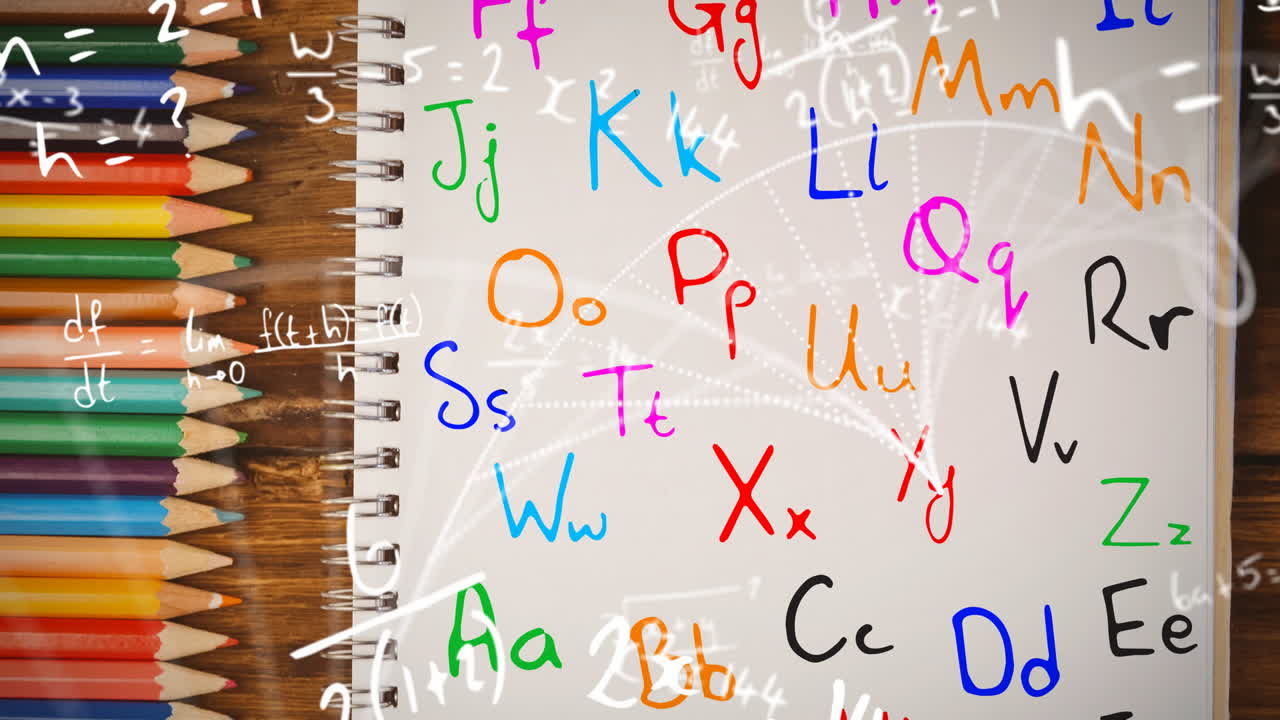 In school, colorful alphabet letters overlaying notebook with mathematical equations animation