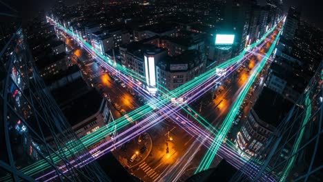 stunning aerial view of a vibrant urban intersection at night: illuminated roads and traffic flowing through a cityscape drenched in multicolored lights