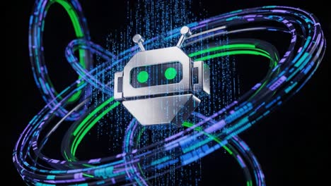 futuristic robot icon surrounded by vibrant digital rings and streaming data, illustrating advanced technology and artificial intelligence concepts
