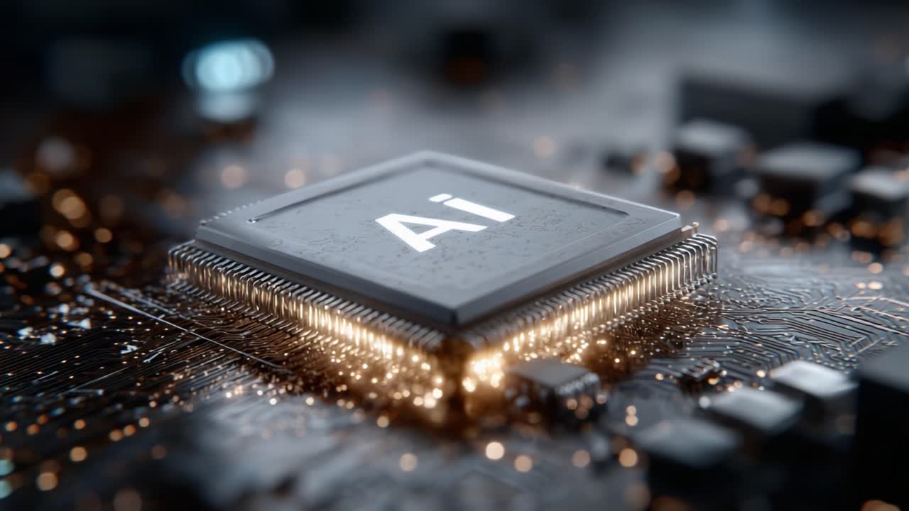 A Close-Up View of an Advanced Microchip with AI Technology, Showcasing the Intricacies of Circuitry and Light Reflections on a Dark Background