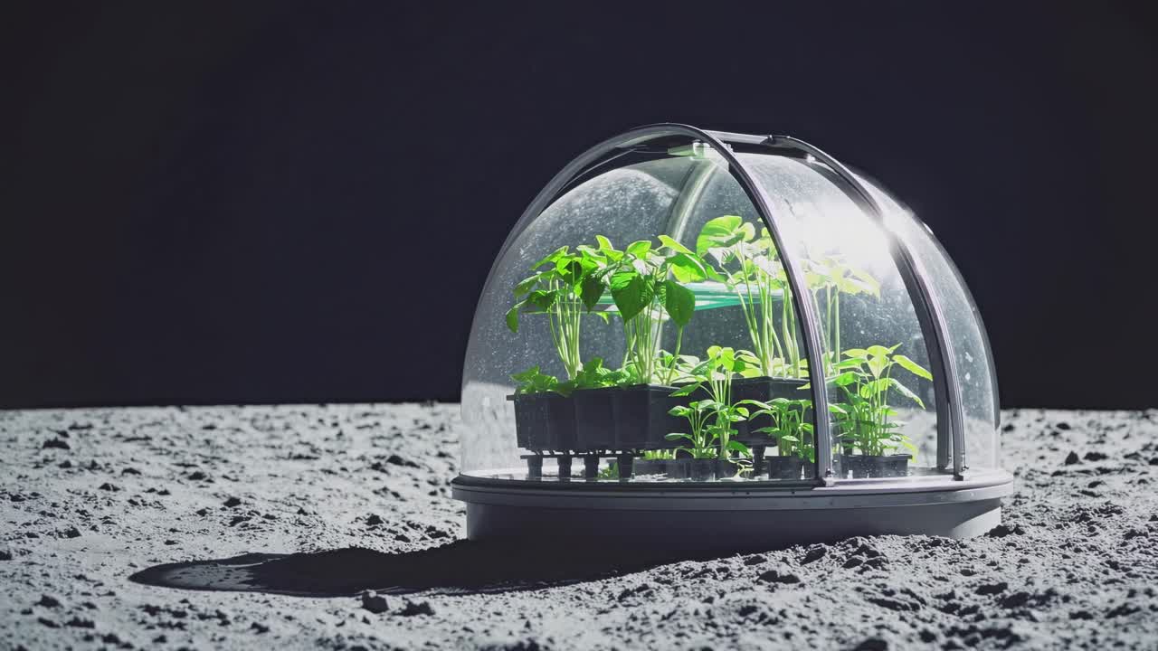 Plants growing inside a small greenhouse placed on the Moon surface, representing the concept of space colonization and the possibility of cultivating food in extraterrestrial environments
