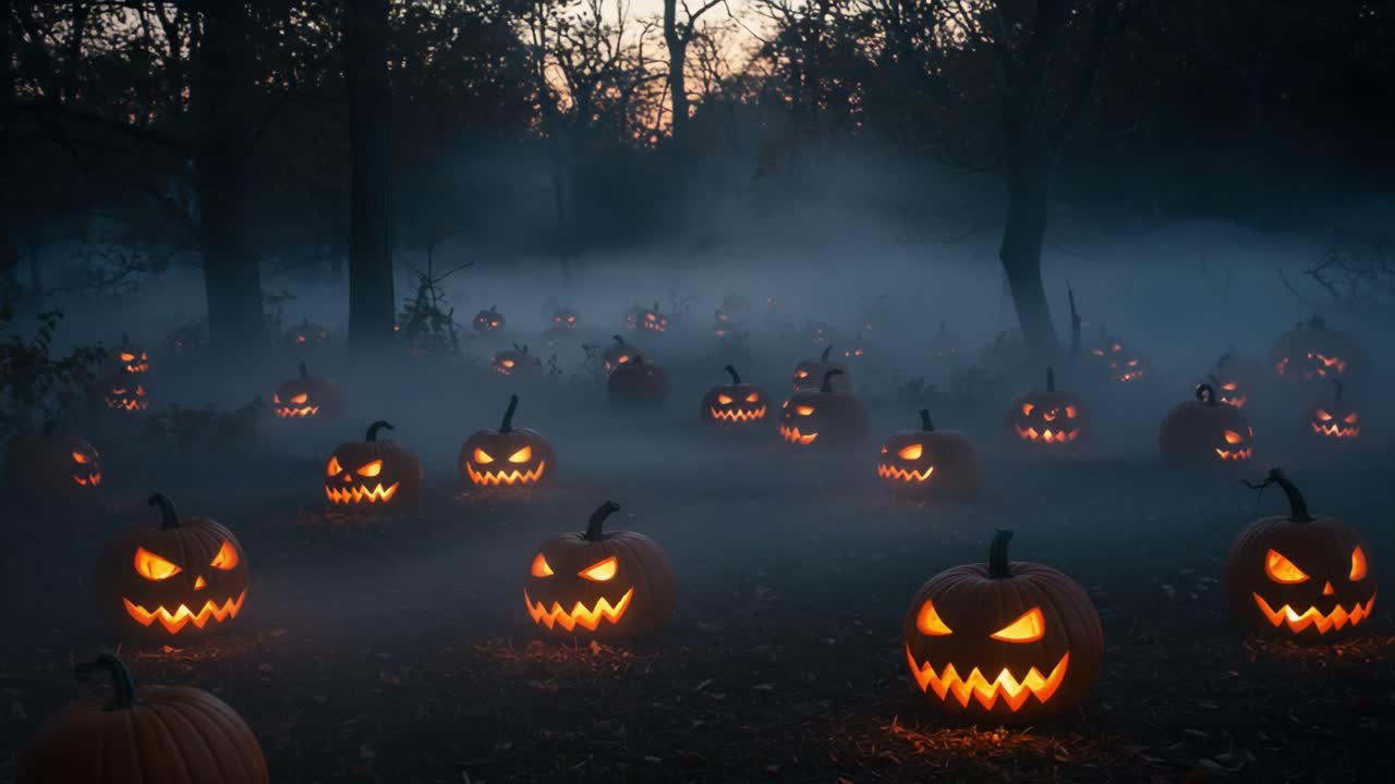 A Spooky Halloween Scene with Glowing Jack-o'-Lanterns Surrounded by Misty Darkness, Creating an Eerie Atmosphere Perfect for the Festive Season