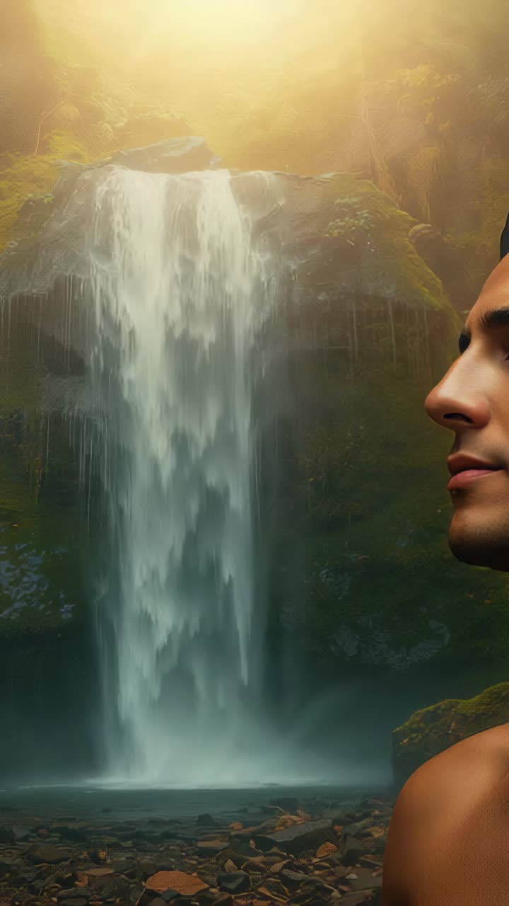 Vertical video: Smiling man turning toward mossy canyon waterfall, sunlight making mist, copy space