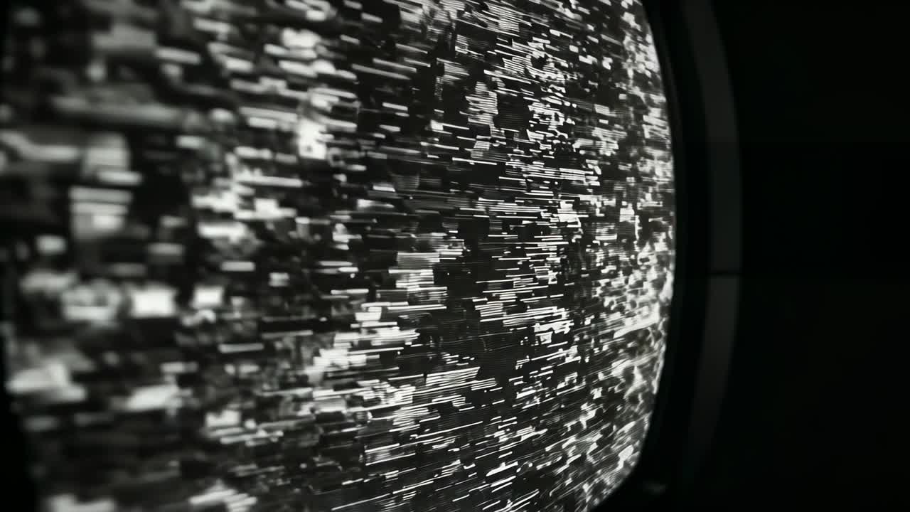 On start abstract sphere drifting in dark hall, shifting glitch bars creating pulsing abstraction