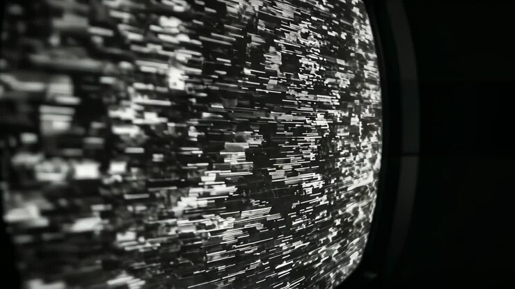 On start abstract sphere drifting in dark hall, shifting glitch bars creating pulsing abstraction