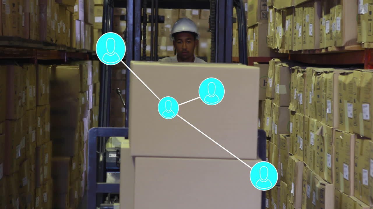 Warehouse worker operating forklift with network connection animation over boxes