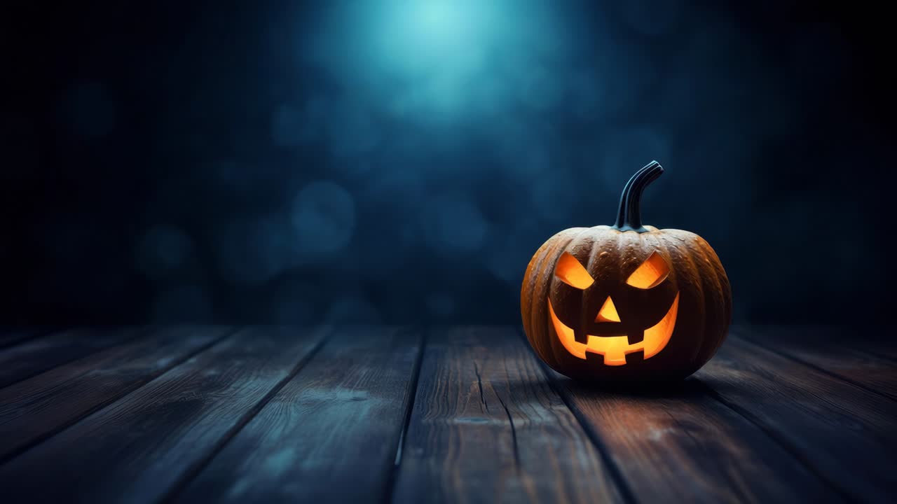 Foto dal basso di una zucca intagliata su un pavimento di legno, illuminata con una luce spettrale
