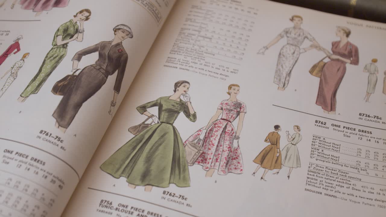 An older fashion magazine featuring hand-drawn dress illustrations and written material lists detailing the fabrics and quantities needed to create each design
