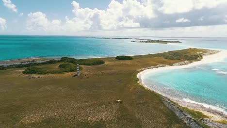 aerial view of a tropical island with lighthouse