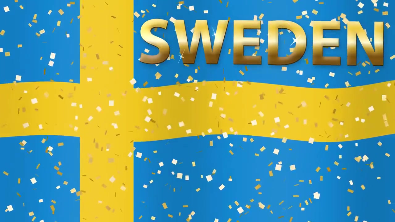Animeret svensk flag blafrer med metallisk guldtekst og faldende glimmer i en sømløs sløjfe