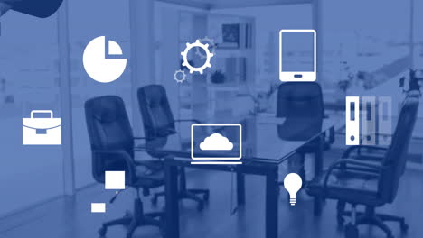 animación de iconos de medios sobre la sala de reuniones de la oficina azul