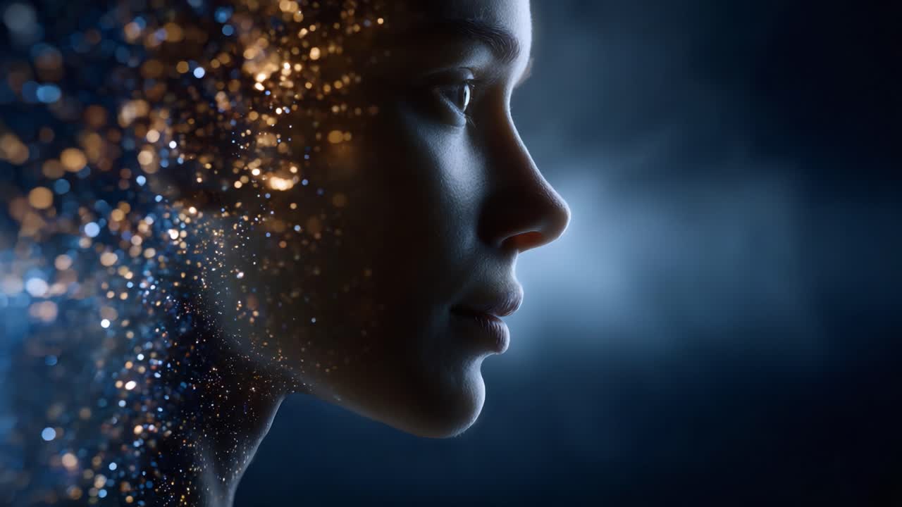 Vue de profil d’une figure éthérée entourée d’une aura mystique de particules scintillantes dans un environnement sombre et onirique avec des effets d’éclairage doux