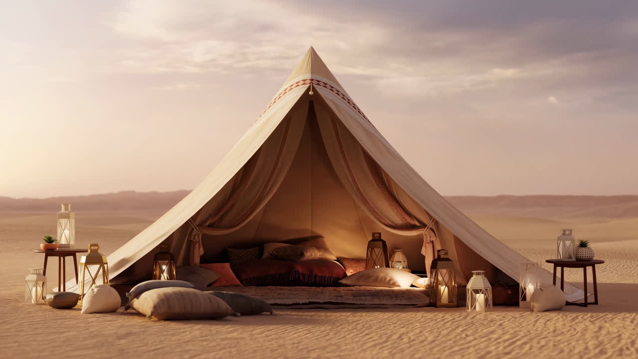 Tenda di lusso nel deserto al tramonto con cuscini bohémien, tappeto, lanterne e interni in tela che creano un'atmosfera calda e accogliente.
