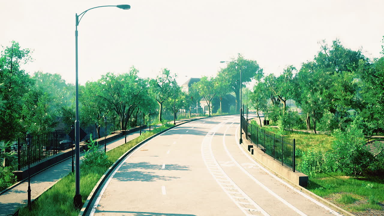 낮 시간 에 조용 한 도시 공원 에 있는 평화로운 나무 로 둘러싸인 도로