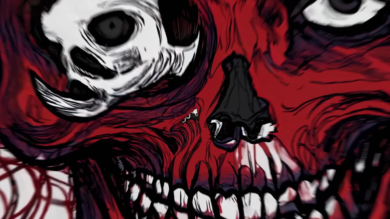 Animation shows different stages of a disturbing skull portrait materializing from chaotic lines, blending black, white, and red hues, symbolizing fear, death, and the macabre