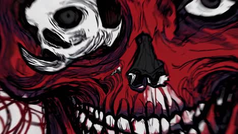 la animación muestra diferentes etapas de un perturbador retrato de cráneo que se materializa a partir de líneas caóticas, mezclando tonos negros, blancos y rojos, que simbolizan el miedo, la muerte y lo macabro.