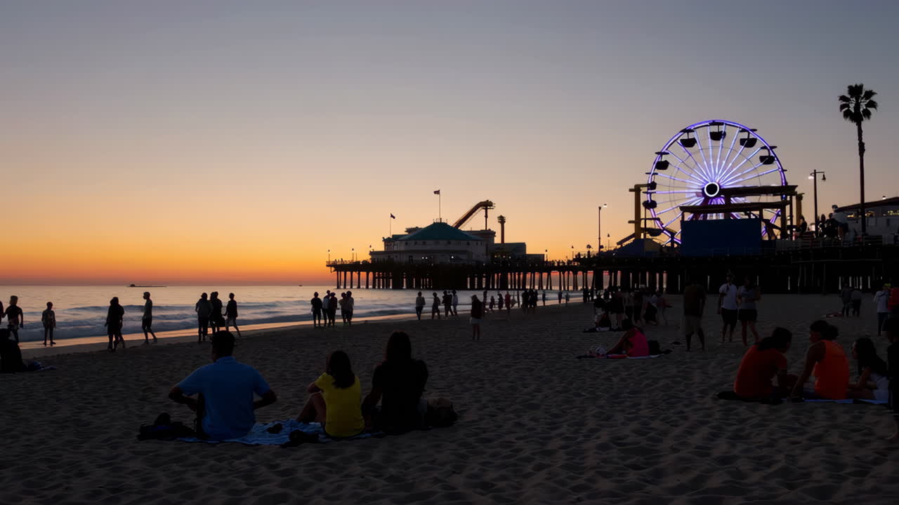 Sunset at Santa Monica Beach with Santa Monica Pier and Ferris Wheel