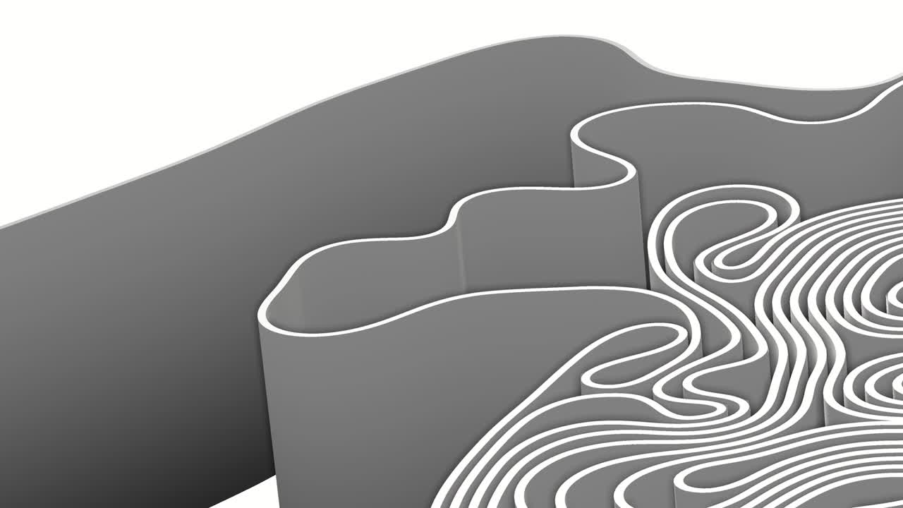 추상 3d 렌더링: 다채로운 스플라인 스트립, 행, 빛과 그림자 곡선, 흐르는 움직임, 움직임, 표면 질감, 파동, 배경