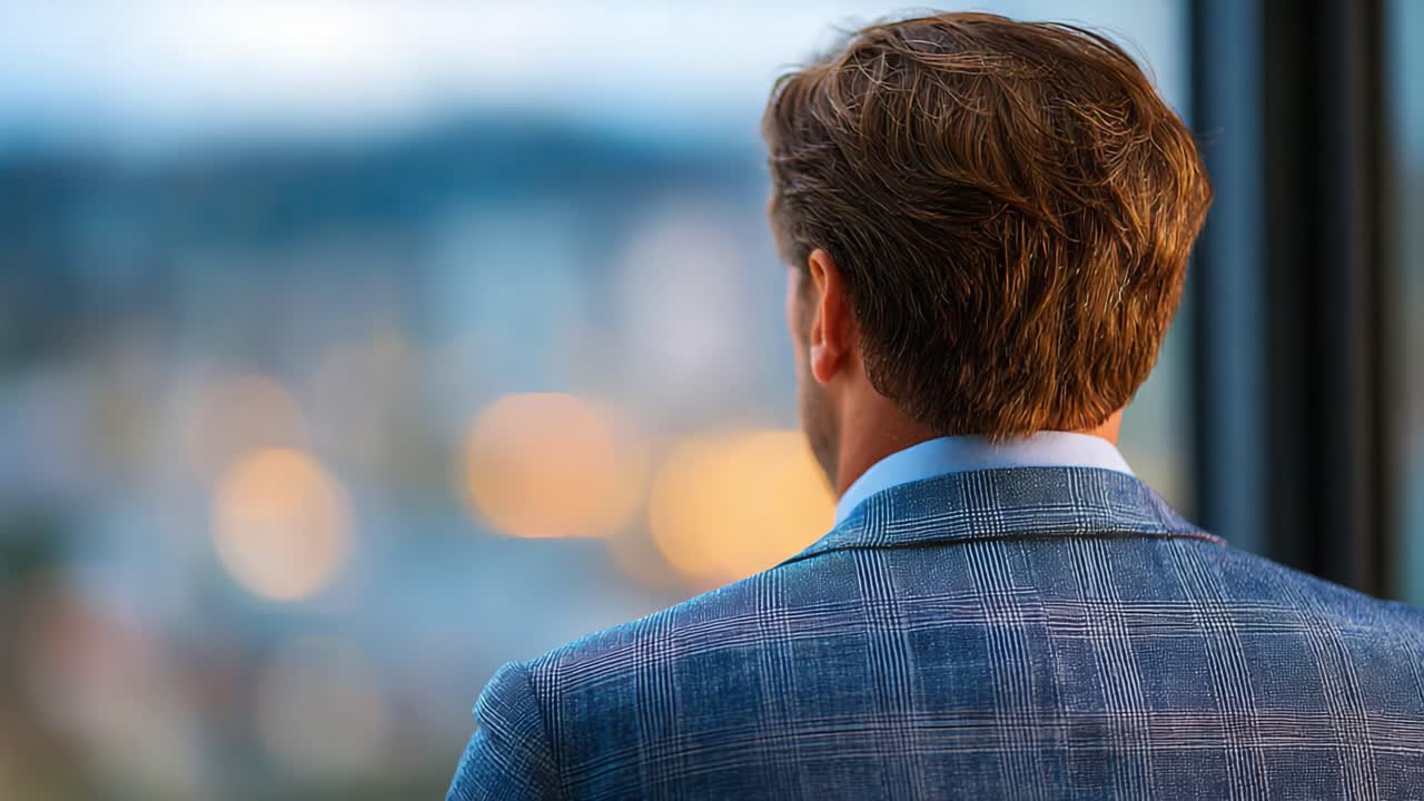 A contemplative individual gazing out of a window, immersed in thought while the cityscape blurs softly in the background, illuminated by distant twilight lights