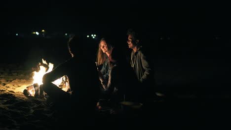 Back-view-of-young-diverse-people-sitting-together-by-the-fire-late-at-night.-Cheerful-friends-talking-and-having-fun-together,-drinking-beer