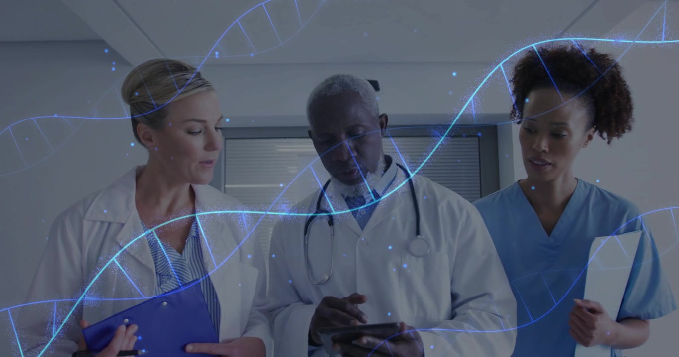 Doctors reviewing genetic data on tablet in corridor sparking swirling DNA helix overlay