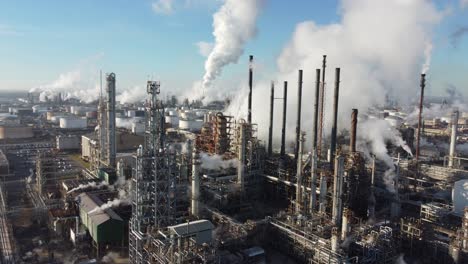 Asombrosa-Antena-Ascendente-Sobre-Una-Enorme-Refinería-De-Petróleo-A-Lo-Largo-Del-Río-Mississippi-En-Louisiana-Sugiere-Industria,-Industrial,-Contaminación