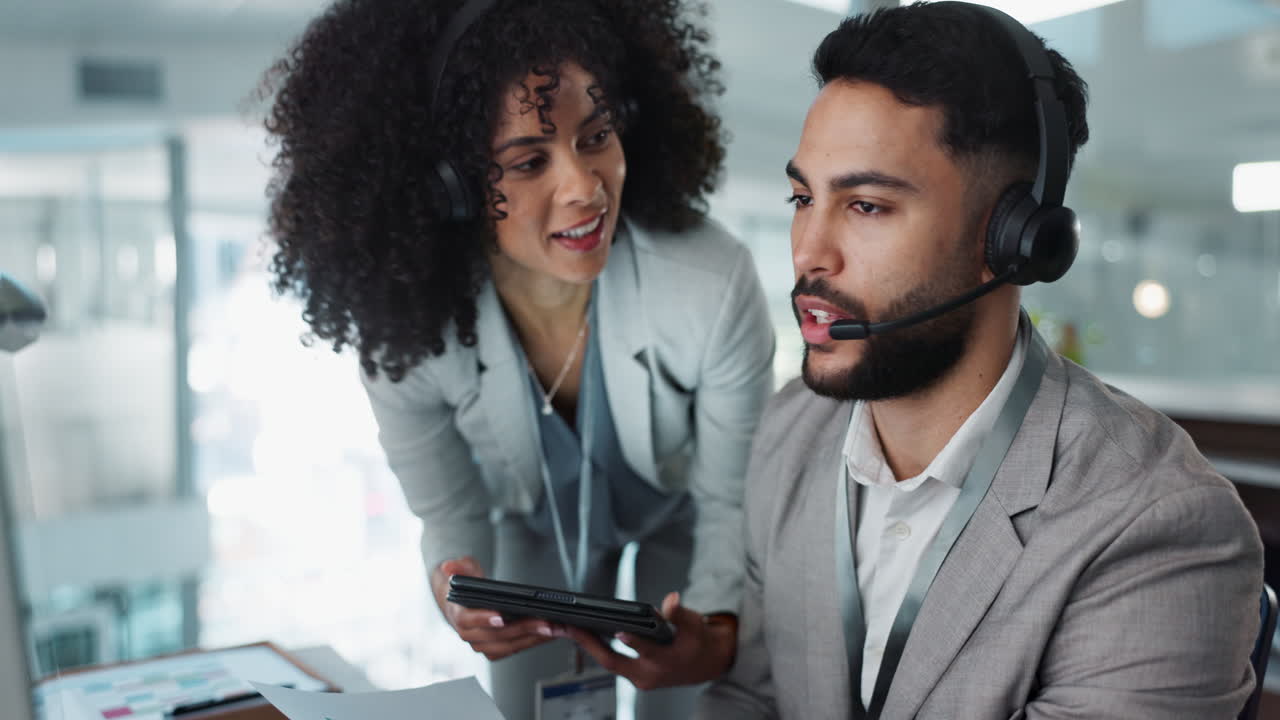 Call center, training and man learning in office