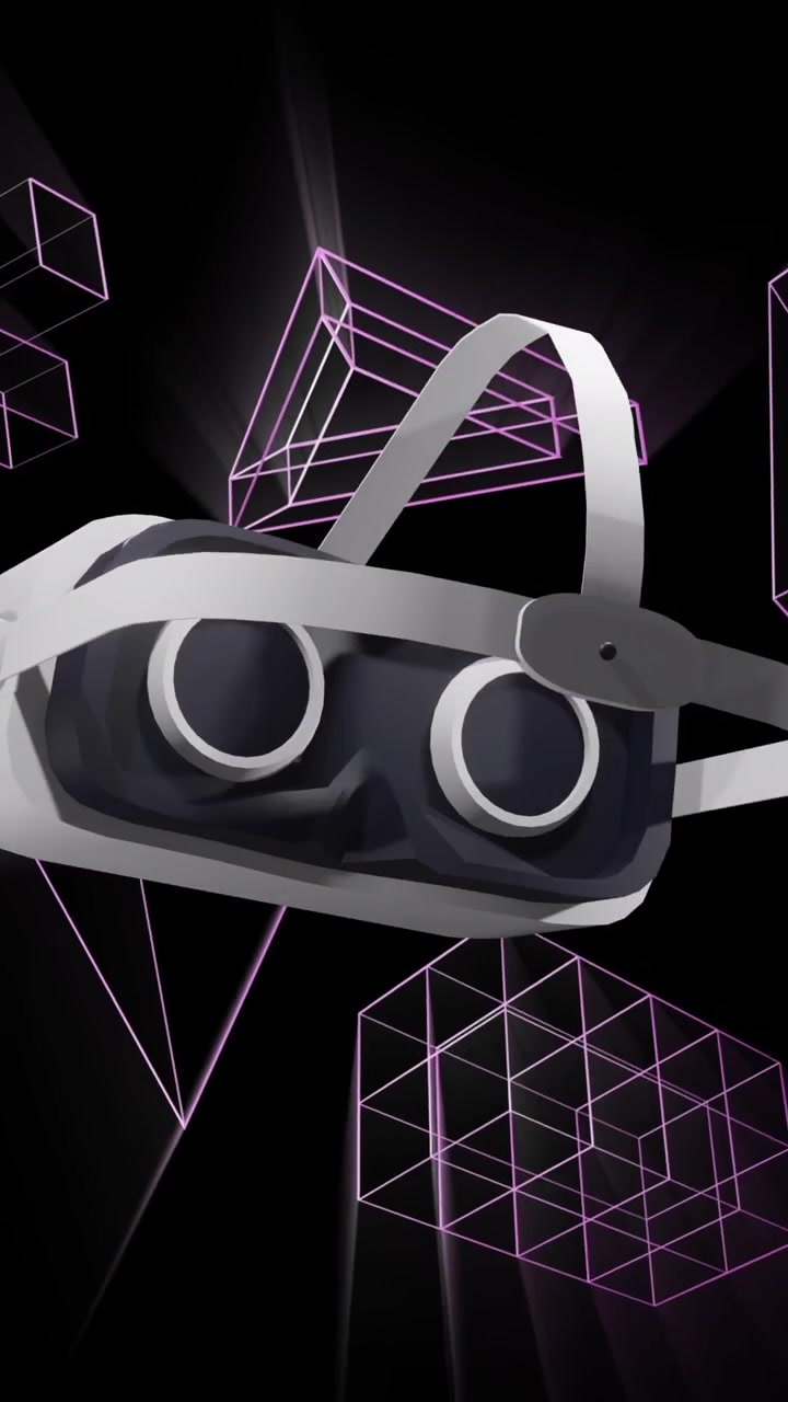 Animation af VR-headset over glødende 3D-former, der bevæger sig på sort baggrund