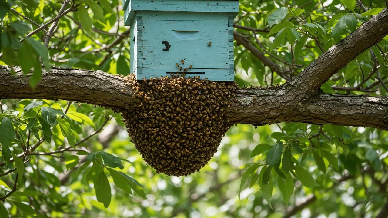 A Swarm of Bees Nesting Below a Blue Hive Suspended on a Tree Branch, Showcasing Nature's Intricate Pollination Dynamics and the Importance of Beekeeping
