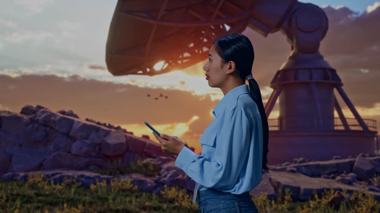 Side View Of An Asian Female Professional Worker Standing With Large Satellite Dish, Observes By Looking Up Then She Come To Concentrating On The Phone And Keep On Checking