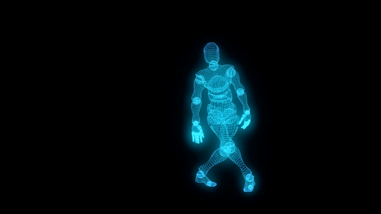 춤추는 파란색 반이는 3d 캐릭터 검은색 고립 된 배경에 다각형에서 인공 지능 원활한 루프 애니메이션