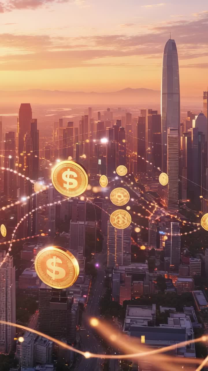 Vertical video: Emerging gold coins floating over towers at sunset forming network via dotted lines