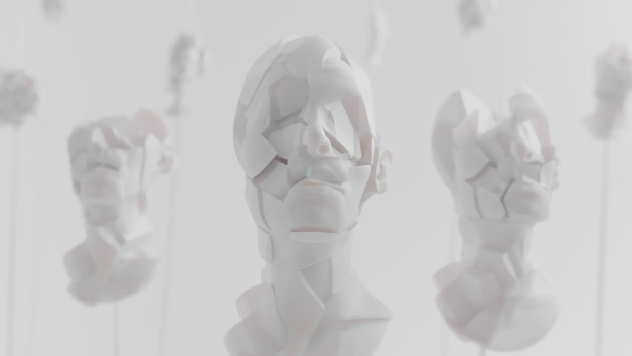 Multiple crushed android heads on spikes in white space