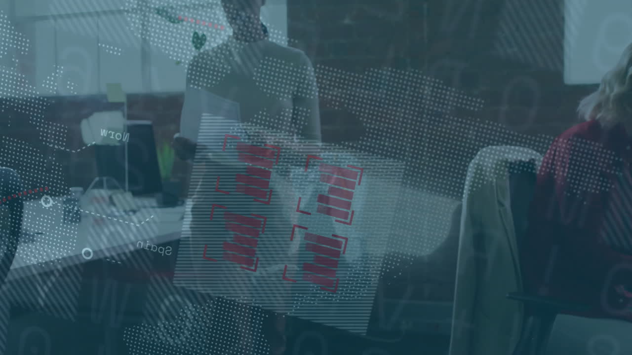 In office, people working with digital data overlay creating animation on computers