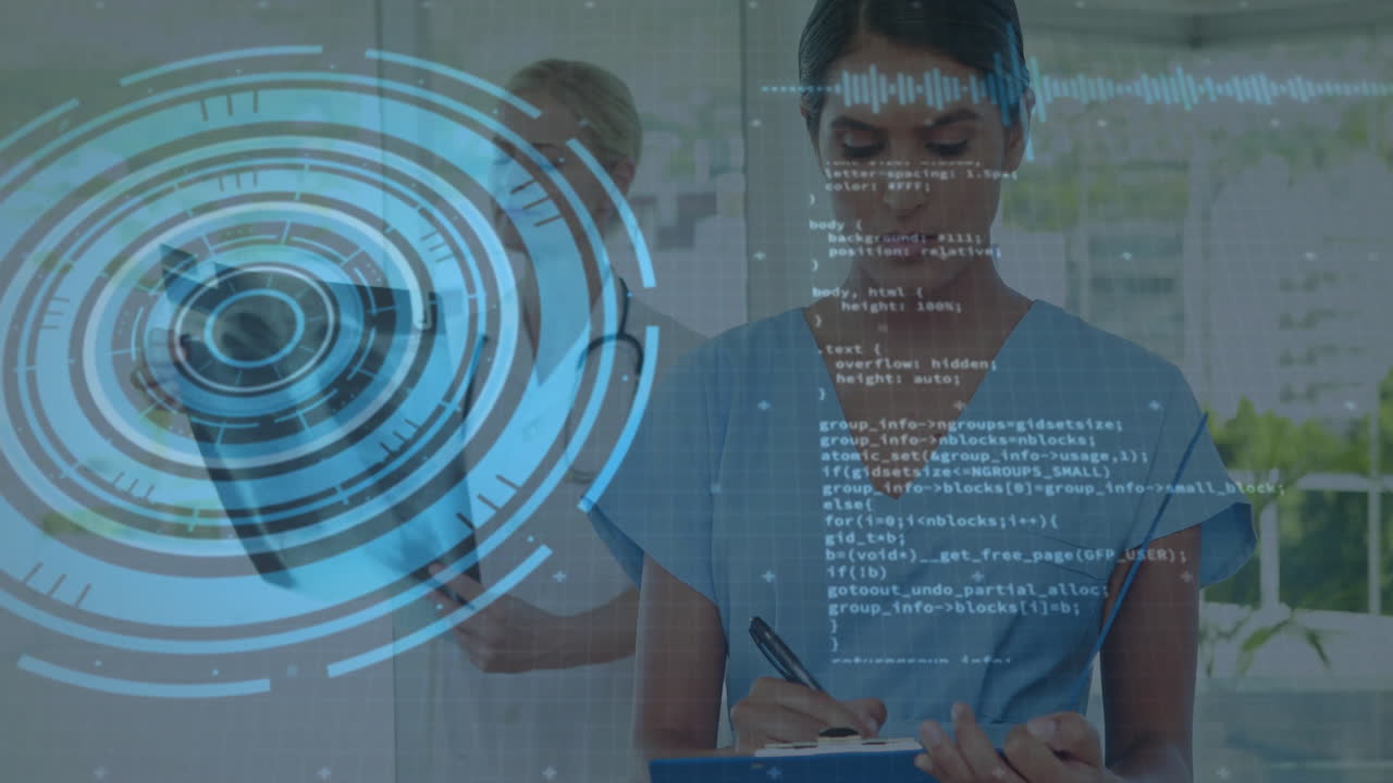 In school, medical professionals using digital interface with animation coding overlay