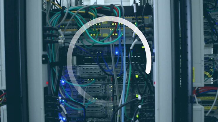 Animation of loading ring over data processing and server room