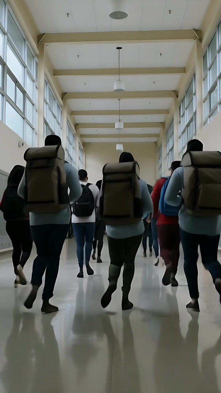 Video vertikal: Siswa berjalan bergerak melalui aula sekolah, mengenakan hoodie dan membawa ransel