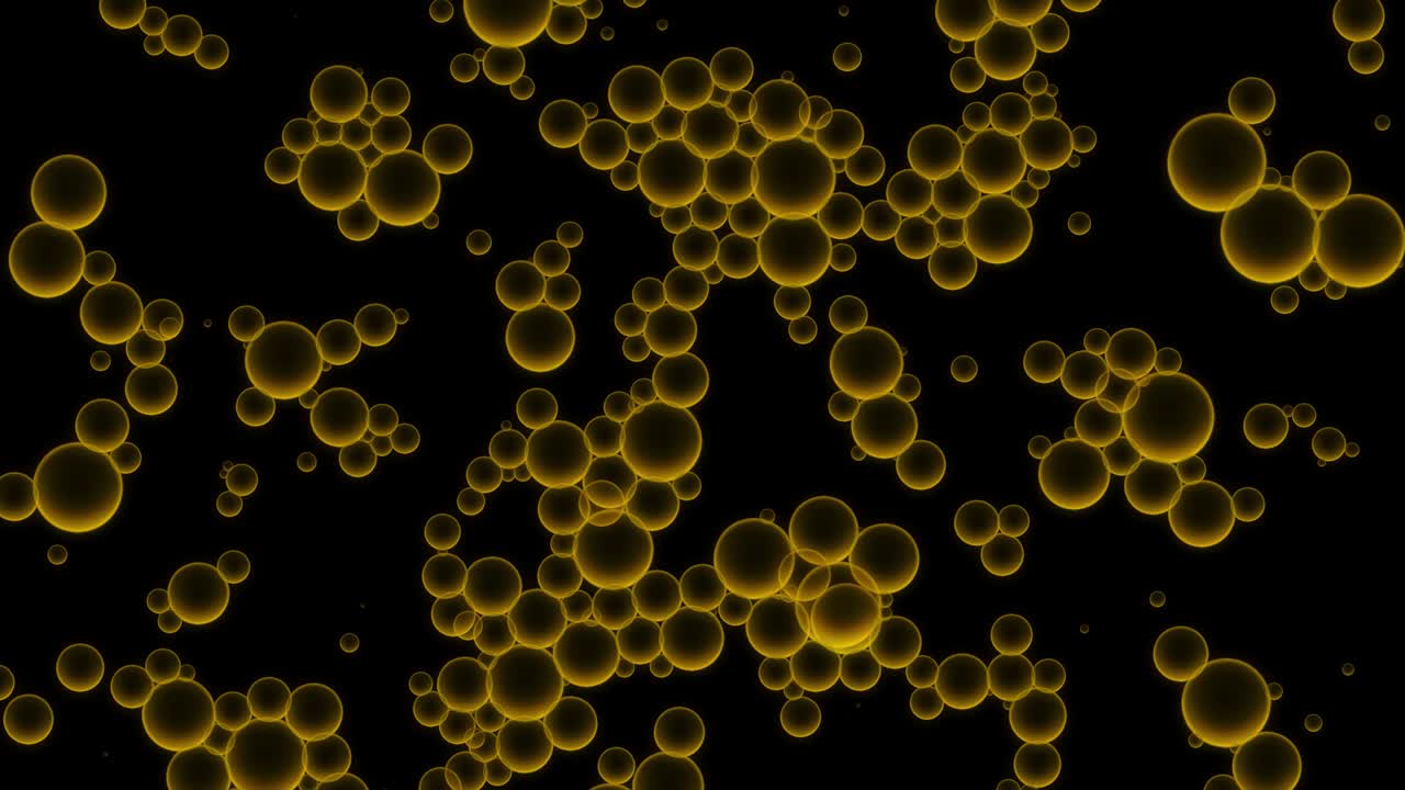 물속에서 움직이는 노란색 기름방울, 추상적인 배경, 밝은 어두운 배경 위에 상승하는 물 속의 다양한 공기 거품의 매크로, 기름 속의 공기 구들이 물 표면에 머물고 있다.