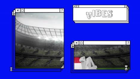 animation of retro computer window style with vibes text in stadium scene