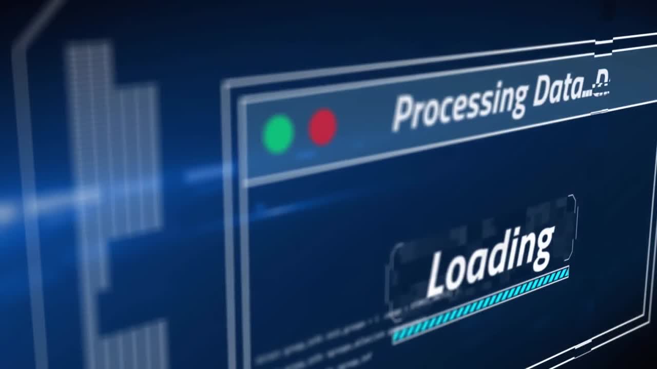 데이터 처리 및 파란색 배경에 대한 빛 점과의 인터페이스의 애니메이션