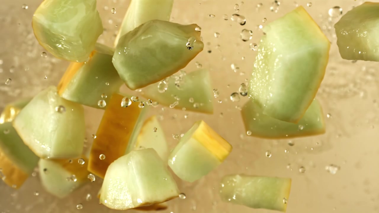 Fresh Melon Pieces Splashing and Floating in Water