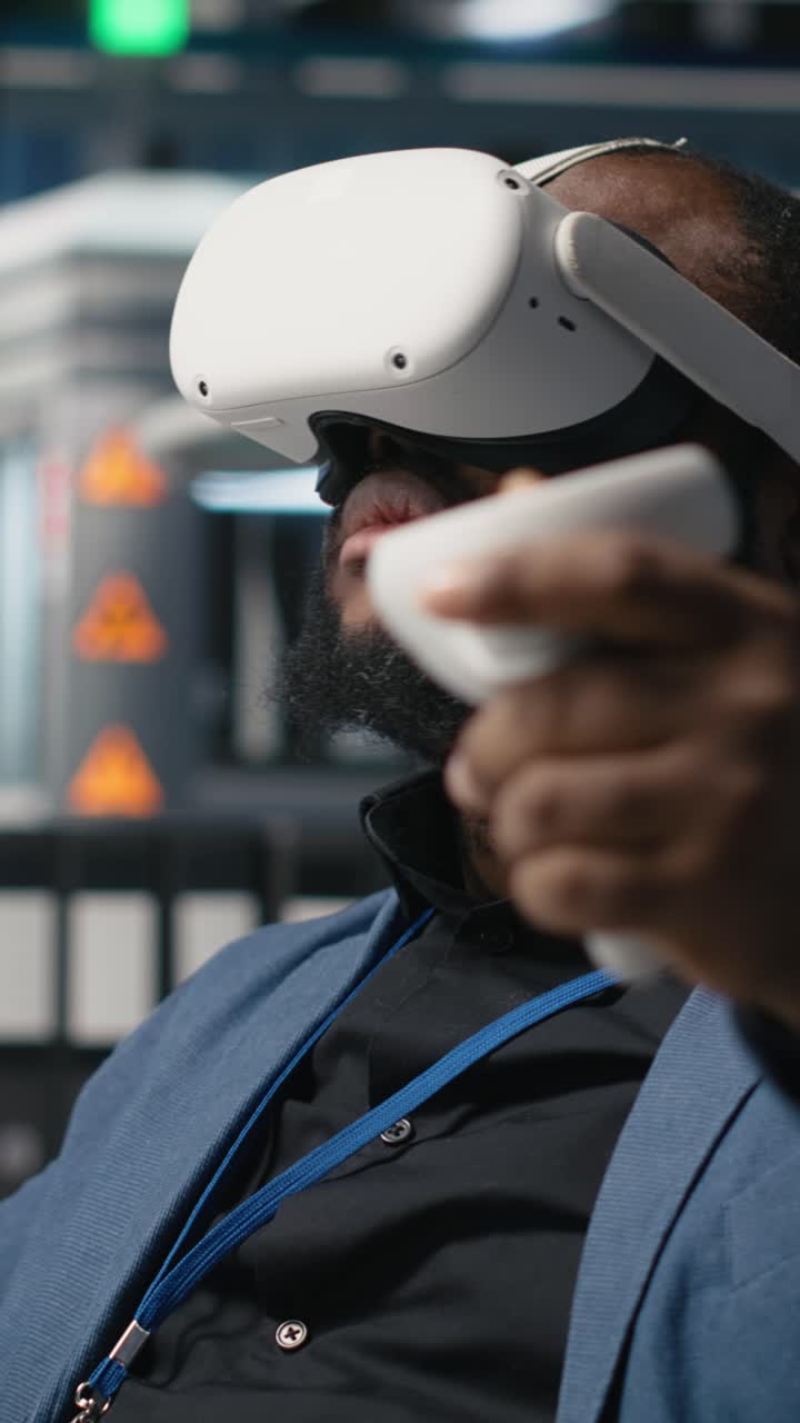 Vertical Video Photovoltaics manufacturing plant analyst works with VR gear