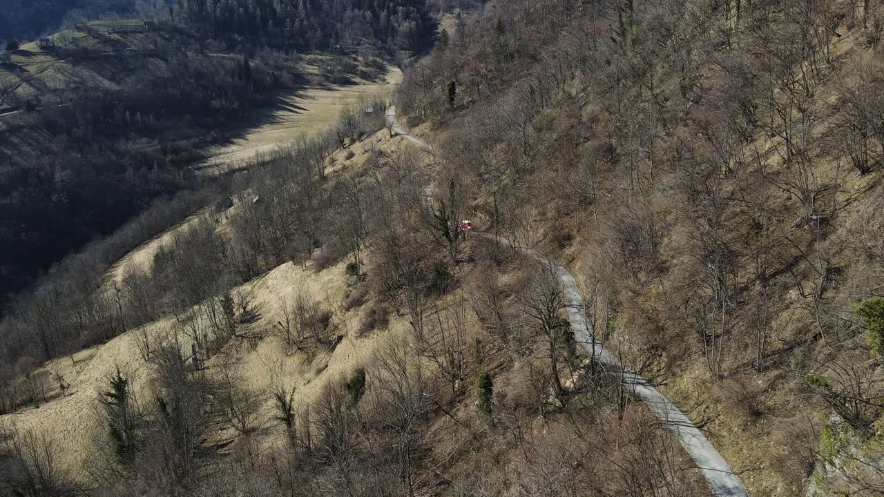 A black bird flies gracefully across a hilly mountain road in serene Slovenia