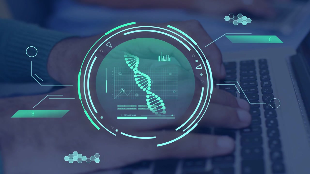 Man typing on laptop, causing HUD rotating genomic DNA helix and updating charts for analysis
