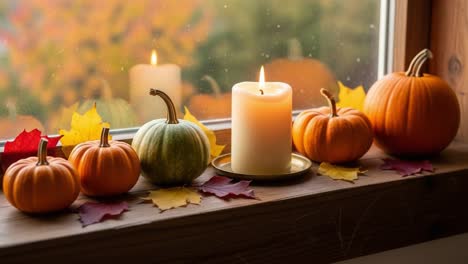 A Warm Autumn Scene Featuring Vibrant Pumpkins, Colorful Leaves, and a Softly Glowing Candle on a Windowsill, Perfect for Celebrating the Fall Season