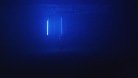 person in a futuristic neon blue room