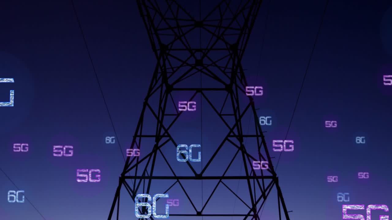 전기 기둥 위에 5g 및 6g 텍스트 네트워크의 애니메이션