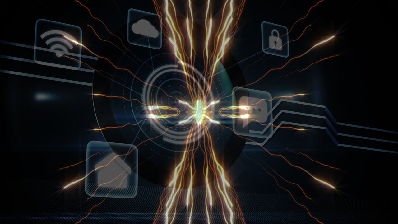 After ripple hub emitting pulsing filaments merging into vertical streams, showing network flow